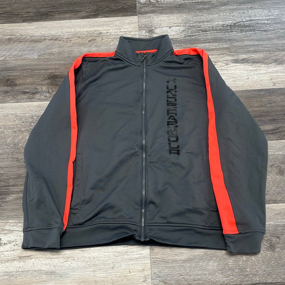Under Armour Track Jacket Gray Orange Womens L Spell Out Logo Full Zip Athletic